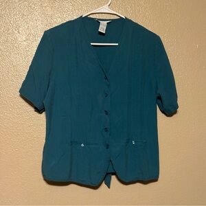 Vintage Anna And Frank Blue Short Sleeve‎ Button Down Blouse 100% Silk Women’s L